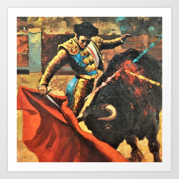 Plaza de Toros de Pamplona, Spanish Bull Fighting portrait painting Art Print