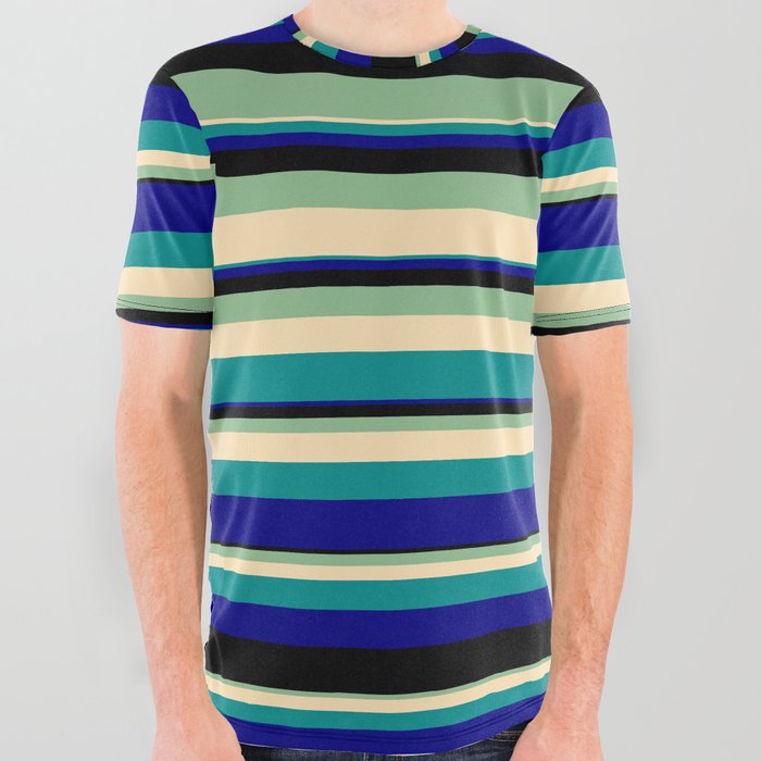 Vibrant Dark Sea Green, Beige, Dark Cyan, Blue & Black Colored Striped/Lined Pattern All Over Graphic Tee
