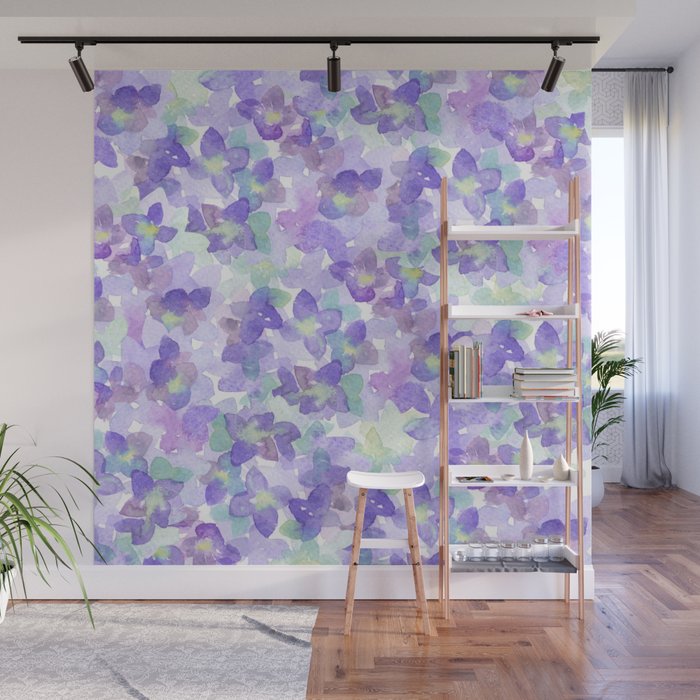 Hand Painted Watercolor Violet Lilac Lavender Green Floral Wall Mural By Pink Water Society6