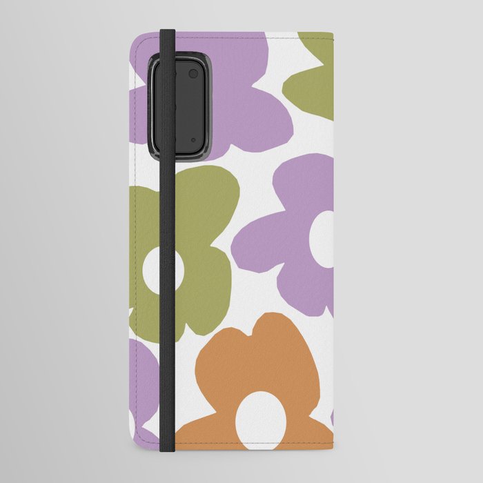 Large Retro Flowers Lilac, Green and Orange Petals on White Background  #decor #society6 #buyart Android Wallet Case