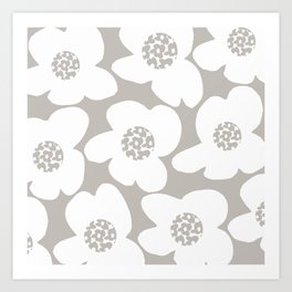 Large Retro Flowers White Petals Floral Center Greyge Background #decor #society6 #buyart Art Print