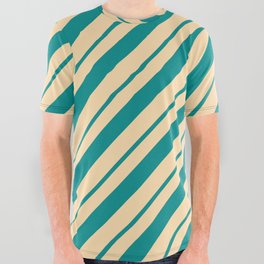 [ Thumbnail: Dark Cyan and Tan Colored Lines/Stripes Pattern All Over Graphic Tee ]