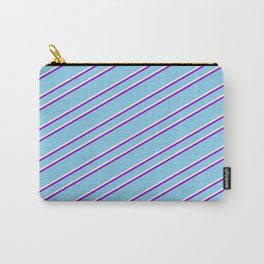 [ Thumbnail: Sky Blue, Beige, and Dark Violet Colored Pattern of Stripes Carry-All Pouch ]