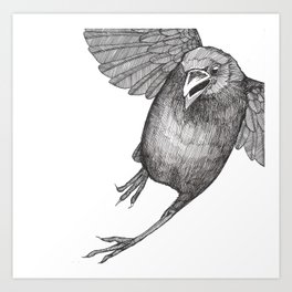 Crow Caws at You While Flying Away Art Print | Cawingcrow, Linework, Flyingcrow, Americancrow, Illustration, Corvid, Pdxart, Animal, Black and White, Nature 
