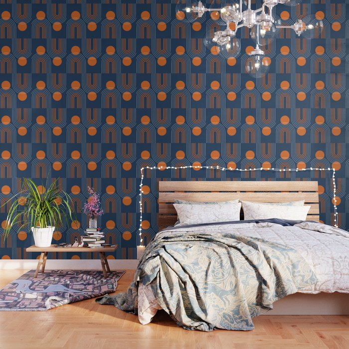Mid Century Modern Geometric 111 in Navy Blue and Vintage Orange (Rainbow and Sun Abstraction) Wallpaper