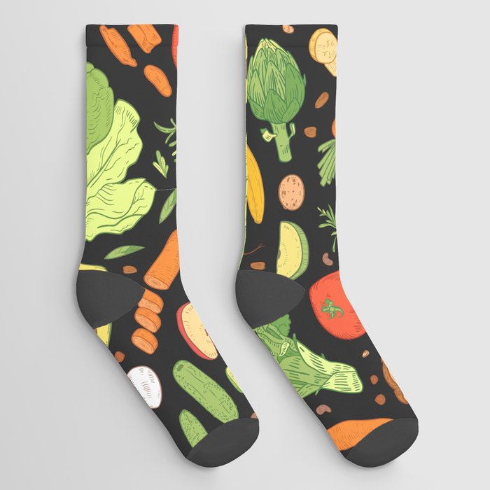 Seamless pattern with dietary food, wholesome grocery products, natural organic fruits, berries and vegetables on black background. Hand drawn realistic vintage illustration Socks