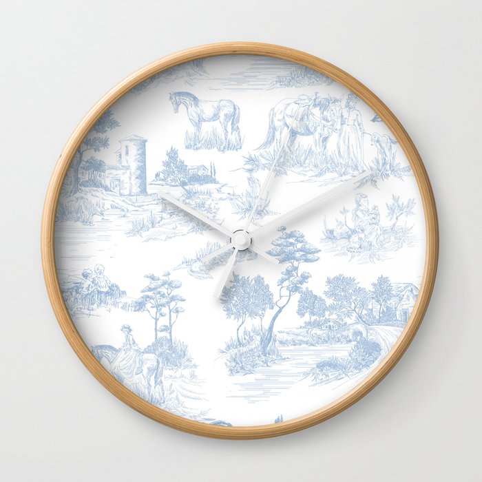 Toile de Jouy Vintage French Soft Baby Blue White Pastoral Pattern Wall Clock