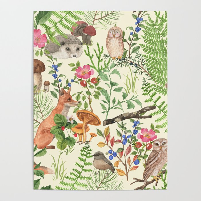 Hand drawn seamless pattern with watercolor forest animals and plants.  Pattern for kids, wood inhabitants, cute animals Poster by Castle Makers |  Society6