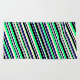 [ Thumbnail: Eyecatching Green, Bisque, Midnight Blue, Dark Grey, and Black Colored Lines/Stripes Pattern Beach Towel ]