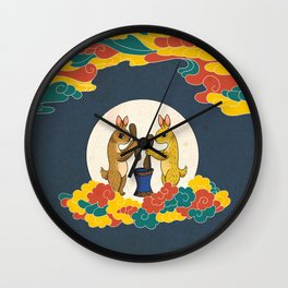 Minhwa: Moon Rabbit B Type Wall Clock | Illust, Korean, Sky, Painting, Oriental, Moon, Fineart, Folkpainting, Asian, Cloud 
