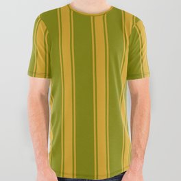 [ Thumbnail: Green & Goldenrod Colored Stripes/Lines Pattern All Over Graphic Tee ]