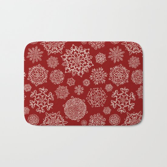 Merry Christmas- Abstract christmas snow star pattern on festive red I Bath Mat