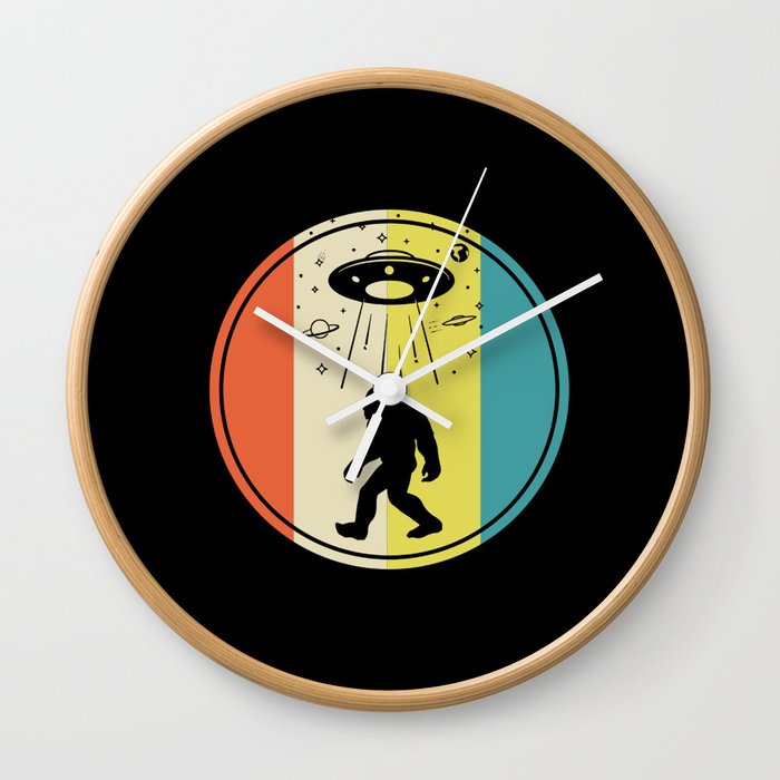 Bigfoot alien saucer retro sunset Wall Clock