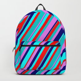 [ Thumbnail: Colorful Aqua, Red, Dark Turquoise, Violet, and Blue Colored Lined Pattern Backpack ]