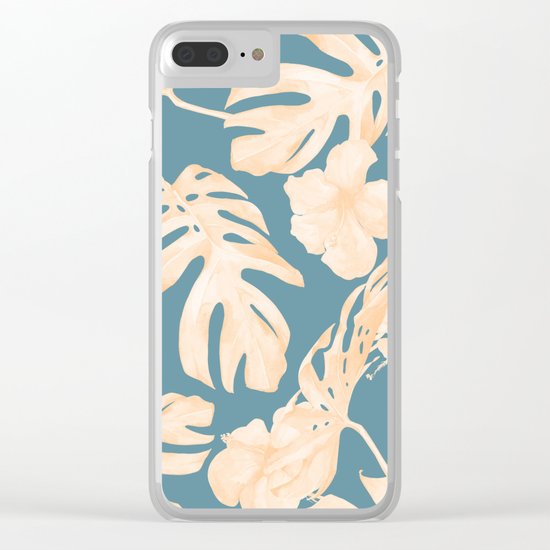 Island Vacay Hibiscus Palm Leaf Coral Teal Blue Clear iPhone Case