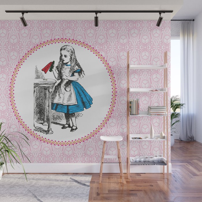 Alice in Wonderland | Drink Me Bottle | Pink Damask Pattern | Wall Mural