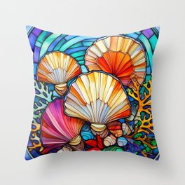 Seashells and coral stained glass art Throw Pillow