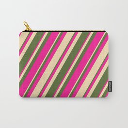 [ Thumbnail: Dark Olive Green, Deep Pink, and Beige Colored Stripes/Lines Pattern Carry-All Pouch ]