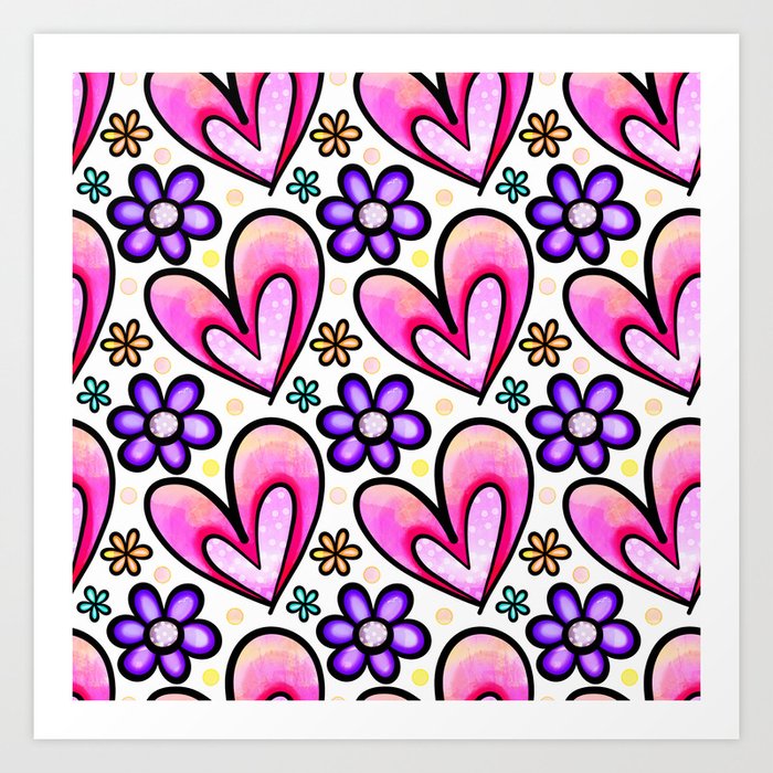 Doodle Heart & Flower Pattern 06 Art Print
