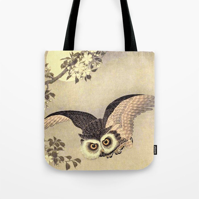 Koson Ohara - Scops Owl in Flight, Cherry Blossoms and Full Moon - Japanese Vintage Woodblock Tote Bag