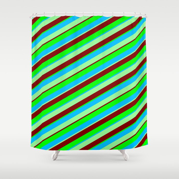 Maroon, Lime, Deep Sky Blue, and Green Colored Stripes Pattern Shower Curtain