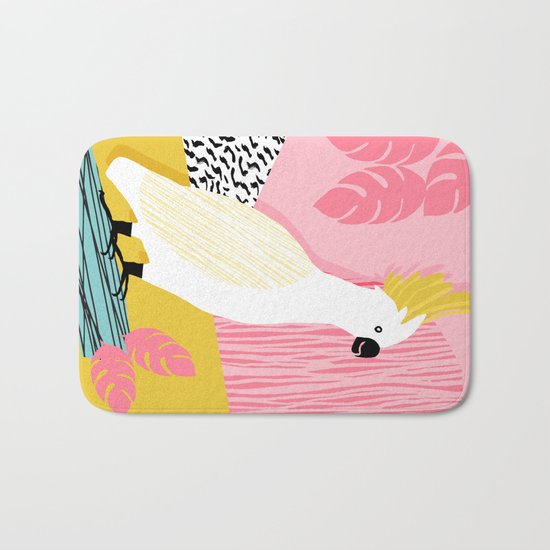 FeelFree - memphis throwback retro bird tropical nature animal parrot cockatoo 1980s 80s pop art Bath Mat