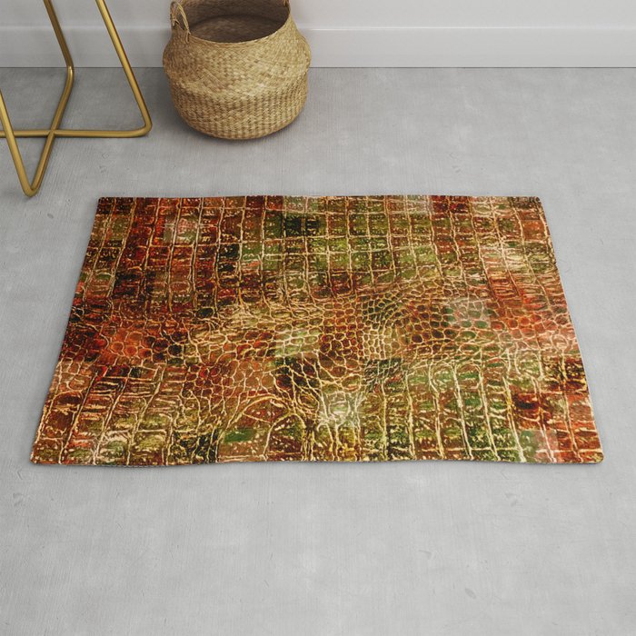 Faux Alligator Animal Skin Leather Red Brown Rug