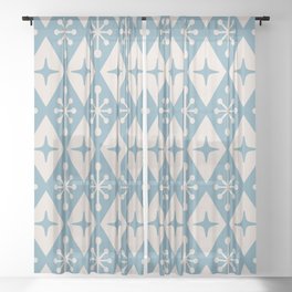 Mid Century Modern Atomic Starburst Pattern 711 Googie Blue and Beige Sheer Curtain