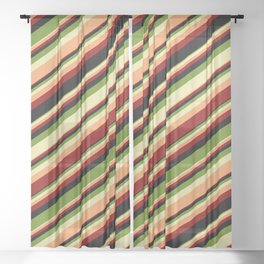 [ Thumbnail: Colorful Green, Pale Goldenrod, Brown, Dark Red & Black Colored Stripes Pattern Sheer Curtain ]
