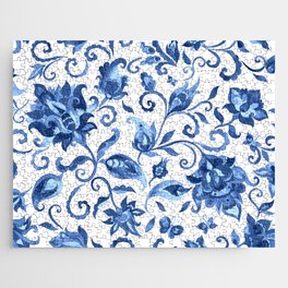 Elegant Oriental Blue & White Paisley Floral Jigsaw Puzzle