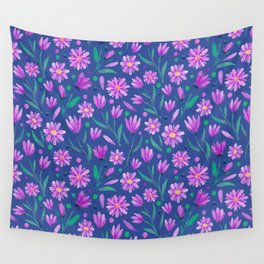 Watercolor florals purple on blue Wall Tapestry