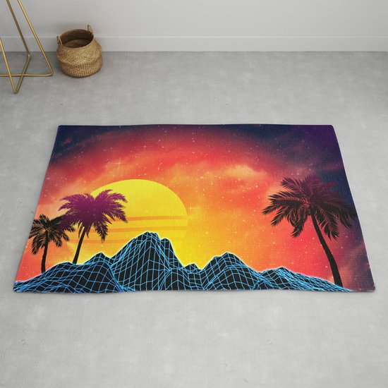 Sunset Vaporwave Landscape With Rocks And Palms Rug By Annartshock