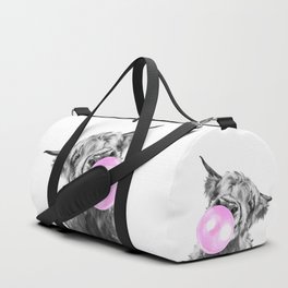 Bubble Gum Highland Cow Black and White Duffle Bag