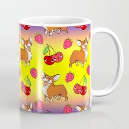 Cute happy playful funny puppy corgi dogs, red sweet summer strawberries and cherries colorful yellow purple red fruity pattern design. Coffee Mug