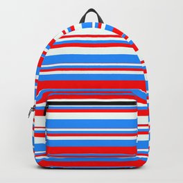 [ Thumbnail: Blue, Red & Mint Cream Colored Stripes Pattern Backpack ]