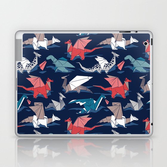 Origami dragon friends // oxford navy blue background blue red grey and taupe fantastic creatures Laptop & iPad Skin