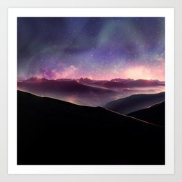 Foggy Mountain Sunrise with Galaxy Stardust Nebula Art Print