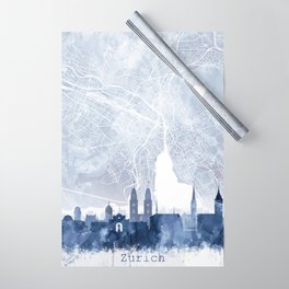 Zurich Skyline & Map Watercolor Navy Blue, Print by Zouzounio Art Wrapping Paper