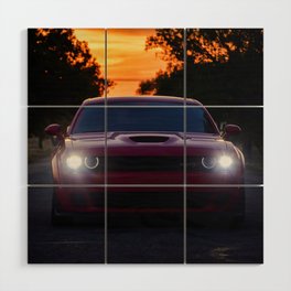 SRT Red Skies Torred Challenger Hellcat American Muscle classic car automobile transporation color photograph / photography vintage poster posters Wood Wall Art