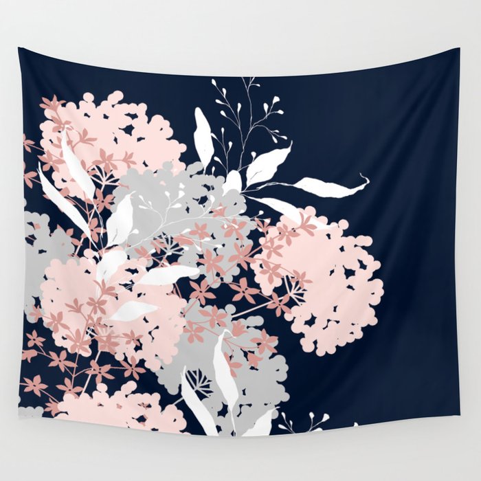 Festive, Wildflowers, Floral Print, Navy Blue and Pink Wall Tapestry