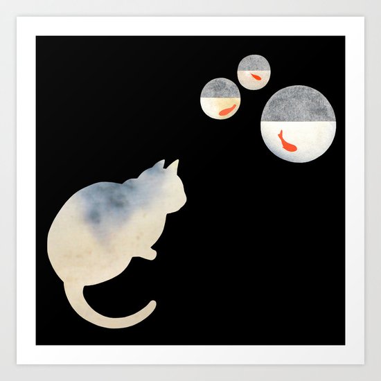 Japanese Cats Series - Goldfish Bowls Art Print