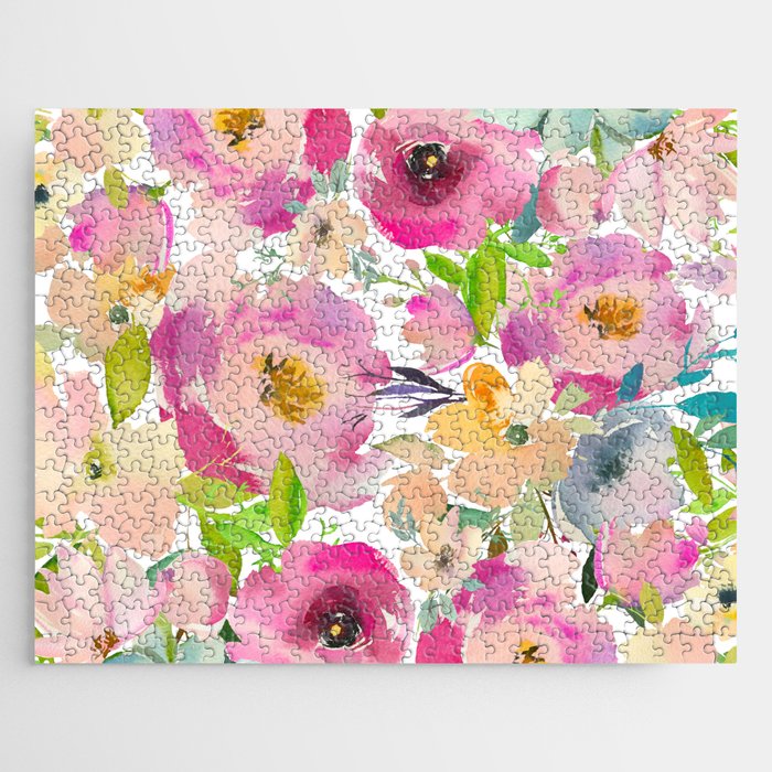 Modern Hand Painted Pink Coral Green Watercolor Floral Jigsaw Puzzle