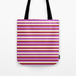 [ Thumbnail: Brown, Orchid & Light Yellow Colored Stripes/Lines Pattern Tote Bag ]