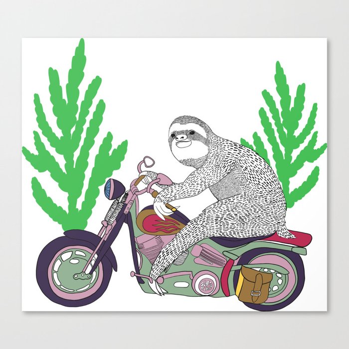 A sloth is riding a motorbike, Sloths need for speed Canvas Print
