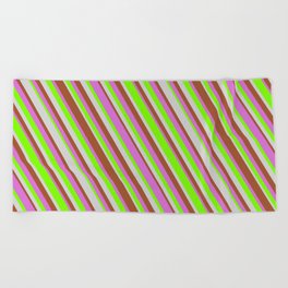 [ Thumbnail: Sienna, Orchid, Green & Light Gray Colored Stripes Pattern Beach Towel ]