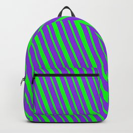 [ Thumbnail: Lime & Purple Colored Striped/Lined Pattern Backpack ]