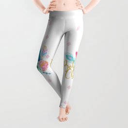 Boho chic brush script girly bohemian blue and pink flowers and feathers Leggings