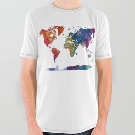 multicolored watercolor world map All Over Graphic Tee