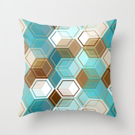 Mid Century Modern Translucent Hexagons // Caribbean Blue, Ocean Blue, Dark Brown, Coffee Brown, Khaki // Version 6 Throw Pillow