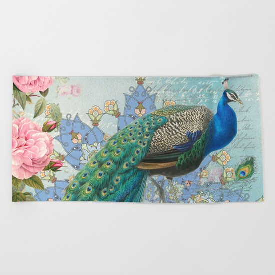 Peacock & Pink Roses #2 Beach Towel